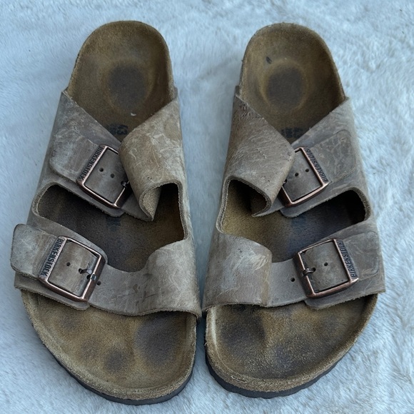 Birkenstock Arizona Suede Leather Taupe Green Two Strap Sandals Size 43 Mens 10 - Picture 1 of 11